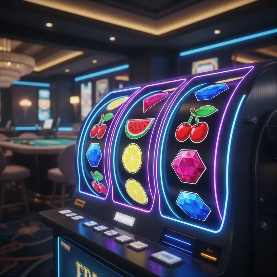 Machine à sous avec des rouleaux néon et des symboles de fruits et de pierres précieuses